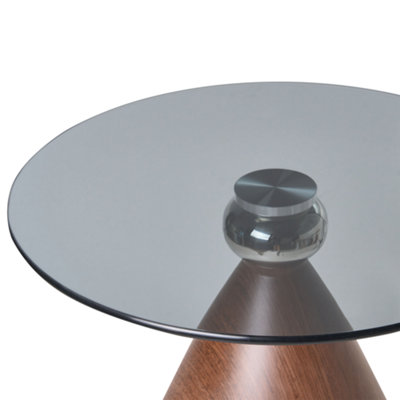 Wyld and Coco Mid-Century Modern Small Round Side Table - Brown Wood-Effect Cone Base, Black Iron Frame, Tempered Glass Top (45cm)