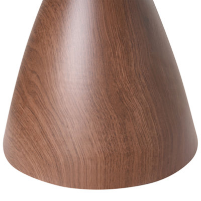 Wyld and Coco Mid-Century Modern Small Round Side Table - Brown Wood-Effect Cone Base, Black Iron Frame, Tempered Glass Top (45cm)