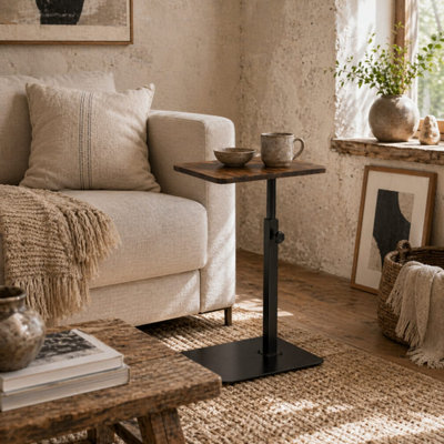 Wyld Haus Falava Rustic Brown C-Shaped Side Table with Adjustable Stainless Steel Frame 44.5-79 cm