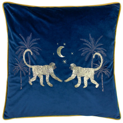 Wylder Dusk Monkey Embroidered Piped Velvet Polyester Filled Cushion