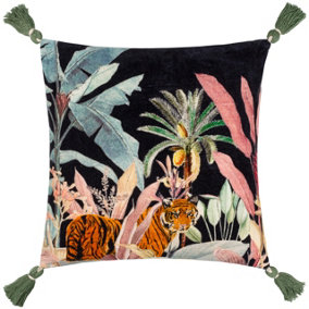 Wylder Midnight Jungle Velvet Tasselled Feather Filled Cushion