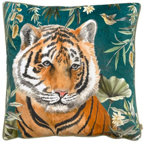 Wylder Orient Tiger Head Digitally Printed Piped Velvet Feather Filled Cushion