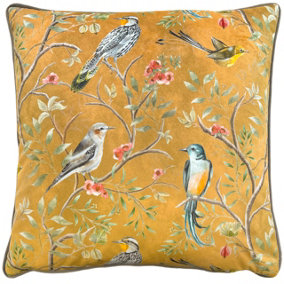 Wylder Tropics Orient Chinoiserie Birds Printed Piped Velvet Polyester Filled Cushion