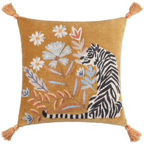 Wylder White Tiger Embroidered Tasselled Feather Filled Cushion