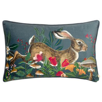 Wylder Wild Garden Leaping Hare Velvet Piped Feather Rich Cushion