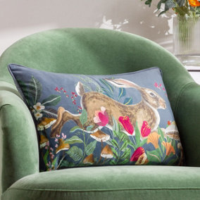 Wylder Wild Garden Leaping Hare Velvet Piped Polyester Filled Cushion