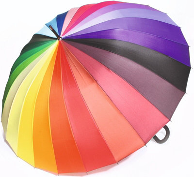 X-Large Multicolour 24 Rib Windproof Umbrella - Colourful Rain Protector Canopy with Crook Handle & Button Opening - 115cm Dia