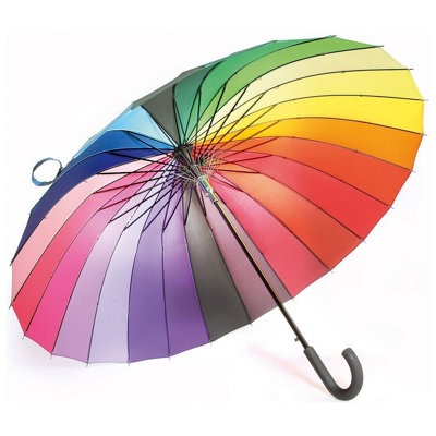 X-Large Multicolour 24 Rib Windproof Umbrella - Colourful Rain Protector Canopy with Crook Handle & Button Opening - 115cm Dia