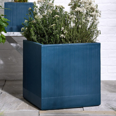 X-Large Navy Blue Ribbed Finish Fibre Clay Indoor Outdoor Garden 