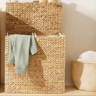 X Large Water Hyacinth Double Laundry Hamper Bin Clothes Washing Basket With Lid - 6