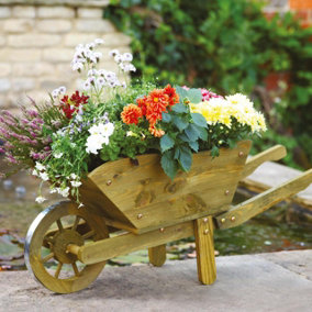 X-Large Wooden Wheelbarrow Planter - Decorative Pinewood Outdoor Garden Plant Pot with Plastic Liner - H39 x W102 x D39cm, Tan