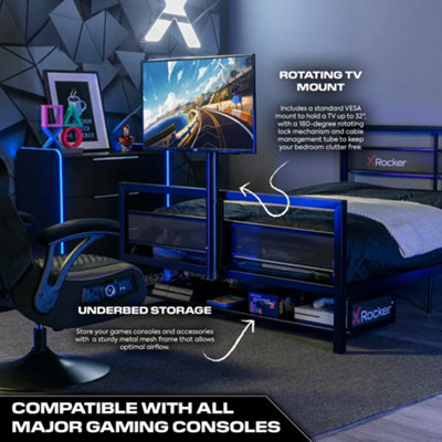 X-Rocker Basecamp TV Gaming Bed with Rotating TV Mount, Storage and Cable Management, Double 4ft6 Metal Frame - BLACK