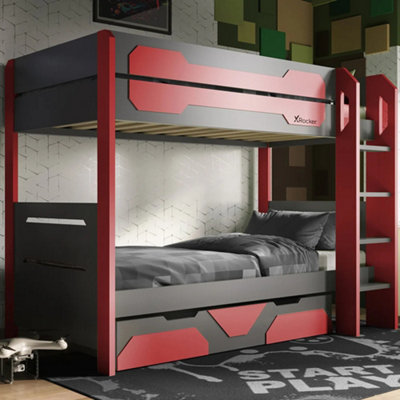 X-Rocker Battalion Bunk Bed Gaming Bed Wooden Single 3ft Space Saving Bunk Bed With Trundle Drawers Storage - Red