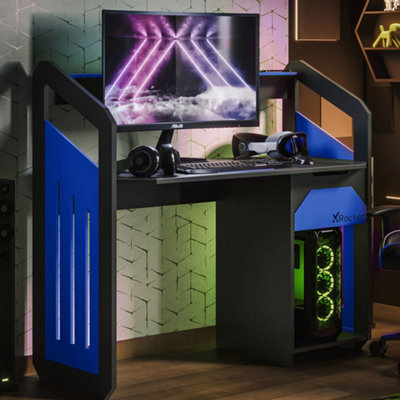 X-Rocker Battalion Gaming Desk 120cm Wide PC Computer Table with Drawer and Shelves - Blue