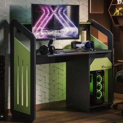 X-Rocker Battalion Gaming Desk 120cm Wide PC Computer Table with Drawer and Shelves - Green