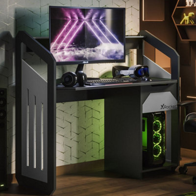 X-Rocker Battalion Gaming Desk 120cm Wide PC Computer Table with Drawer and Shelves - Grey