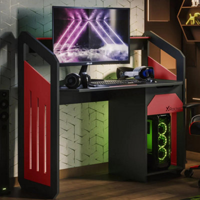 X-Rocker Battalion Gaming Desk 120cm Wide PC Computer Table with Drawer and Shelves  - Red