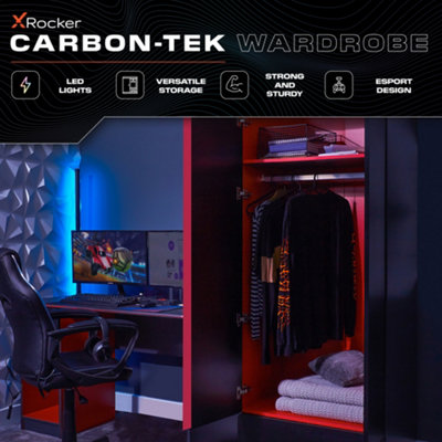 X-Rocker Carbon-Tek 2 Door Wardrobe with Drawer and RGB Lighting - GREY / RED
