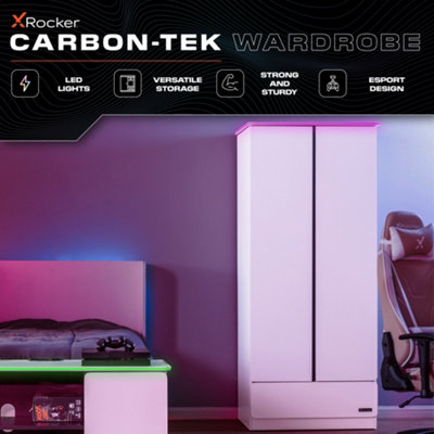 X-Rocker Carbon-Tek 2 Door Wardrobe with Drawer and RGB Lighting - WHITE
