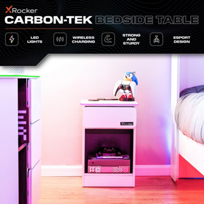 X Rocker Carbon-Tek Bedside Table Drawer Shelf with RGB LED Lights and Wireless Charging - White