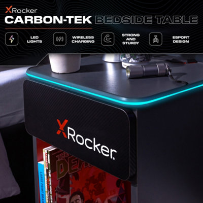 X-Rocker Carbon-Tek Bedside Table with Wireless Charging and RGB Lighting, Gaming Bedroom Furniture End Table - GREY / RED