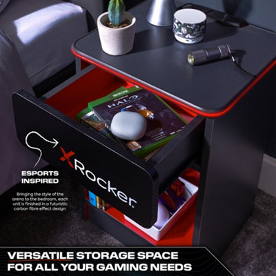 X-Rocker Carbon-Tek Bedside Table with Wireless Charging and RGB Lighting, Gaming Bedroom Furniture End Table - GREY / RED