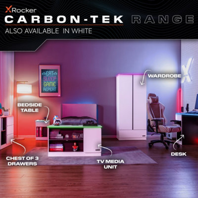 X-Rocker Carbon-Tek Bedside Table with Wireless Charging and RGB Lighting, Gaming Bedroom Furniture End Table - GREY / RED