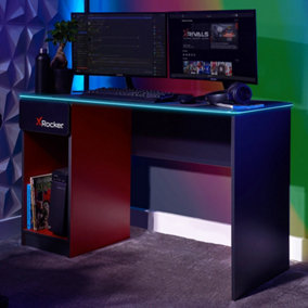 X-Rocker Carbon-Tek Gaming Desk 123 x 52cm with LED Lights, Wireless Charging  & 1 Drawer PC Shelf - GREY / RED