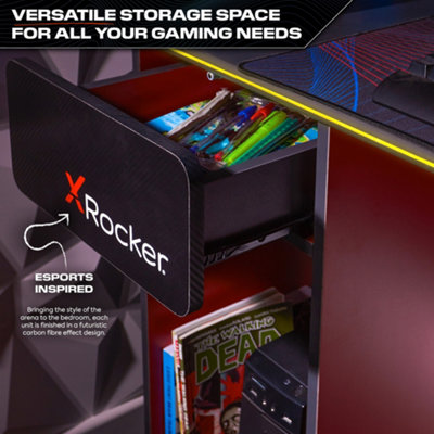 X-Rocker Carbon-Tek Gaming Desk 123 x 52cm with LED Lights, Wireless Charging  & 1 Drawer PC Shelf - GREY / RED