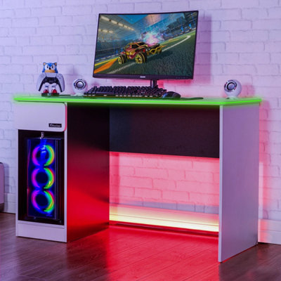 X Rocker Carbon-Tek Gaming Desk with LED Lights Wireless Charging & 1 Drawer PC Shelf - White