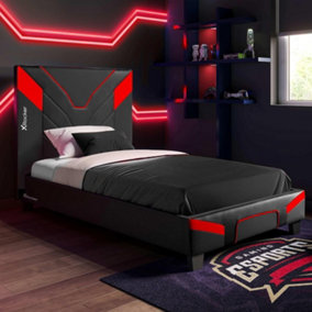 X-Rocker Cerberus Gaming Bed, 3ft Single Upholstered Bedstead Frame, Carbon Red Black with 90x190cm Mattress Included