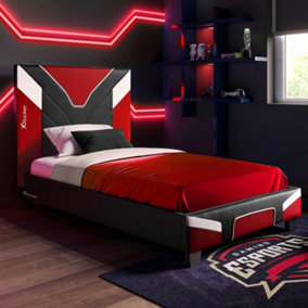 X-Rocker Cerberus Gaming Bed, 3ft Single Upholstered Bedstead Frame, Red Black White with 90x190cm Mattress Included
