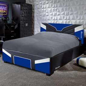 X-Rocker Cerberus Gaming Bed, 4ft Small Double Upholstered Bedstead Frame, Blue Black White with 120x190cm Mattress Included