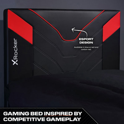 X-Rocker Cerberus Gaming Bed, 4ft Small Double Upholstered Bedstead Frame, Carbon Red Black with 120x190cm Mattress Included