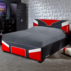 X-Rocker Cerberus Gaming Bed, 4ft Small Double Upholstered Bedstead Frame, Red Black White with 120x190cm Mattress Included