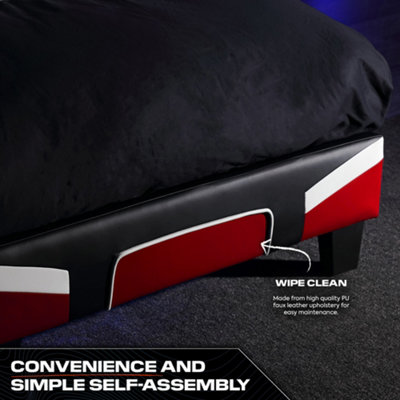 X-Rocker Cerberus Gaming Bed, 4ft Small Double Upholstered Bedstead Frame, Red Black White with 120x190cm Mattress Included