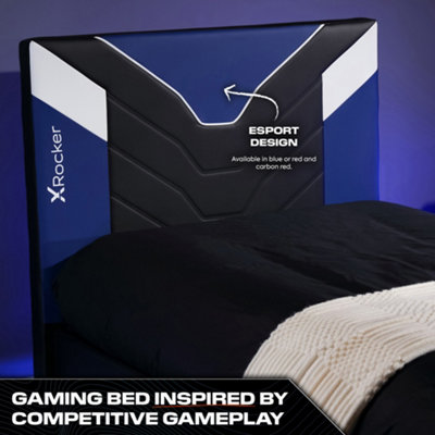 X-Rocker Cerberus Gaming Bed, 4ft6 Double Upholstered Bedstead Frame, Blue Black White with 135x190cm Mattress Included