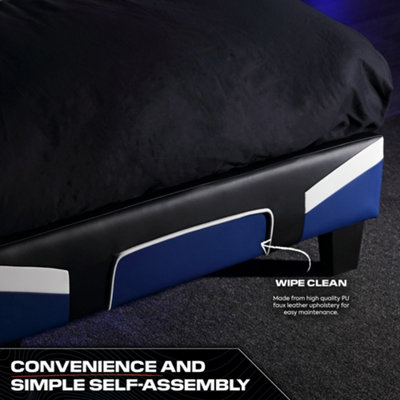 X-Rocker Cerberus Gaming Bed, 4ft6 Double Upholstered Bedstead Frame, Blue Black White with 135x190cm Mattress Included