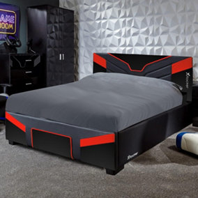 X-Rocker Cerberus Gaming Bed, 4ft6 Double Upholstered Bedstead Frame, Carbon Red Black with 135x190cm Mattress Included