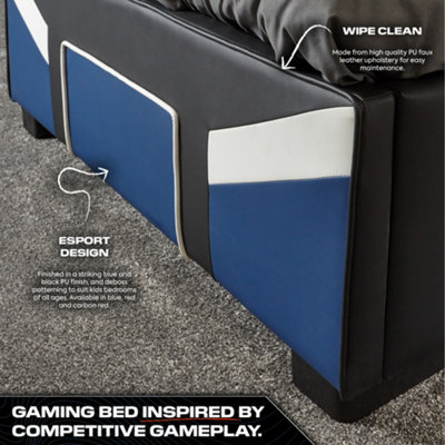 X-Rocker Cerberus MKII Ottoman Gaming Bed with Underbed Storage, Hydraulic Lift Faux Leather, Blue Black White - Small Double 4ft