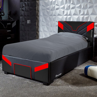 X-Rocker Cerberus MKII Ottoman Gaming Bed with Underbed Storage, Hydraulic Lift Faux Leather, Carbon Black Red - Single 3ft