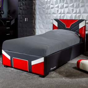X-Rocker Cerberus MKII Ottoman Gaming Bed with Underbed Storage, Hydraulic Lift Faux Leather, Red Black White - Single 3ft