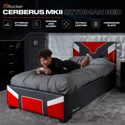 X-Rocker Cerberus MKII Ottoman Gaming Bed with Underbed Storage, Hydraulic Lift Faux Leather, Red Black White - Small Double 4ft