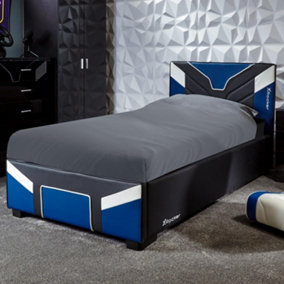 X-Rocker Cerberus Ottoman Gaming Bed, 3ft Single Upholstered Bedstead with Storage Blue Black White -  90x190cm Mattress Included