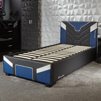 X-Rocker Cerberus Ottoman Gaming Bed, 3ft Single Upholstered Bedstead with Storage Blue Black White -  90x190cm Mattress Included
