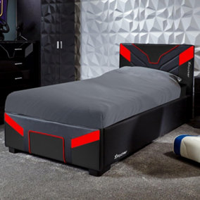 X-Rocker Cerberus Ottoman Gaming Bed, 3ft Single Upholstered Bedstead with Storage Carbon Red Black -  90x190cm Mattress Included