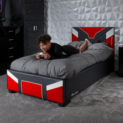 X-Rocker Cerberus Ottoman Gaming Bed, 3ft Single Upholstered Bedstead with Storage Red Black White - 90x190cm Mattress Included