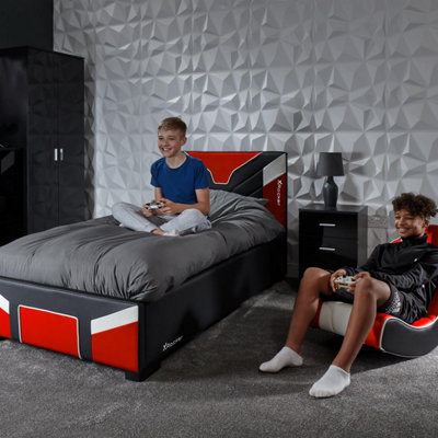 X-Rocker Cerberus Ottoman Gaming Bed, 3ft Single Upholstered Bedstead with Storage with 90x190cm Mattress Included - RED