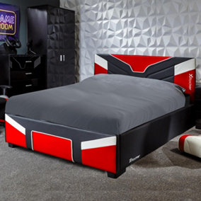 X-Rocker Cerberus Ottoman Gaming Bed, 4ft Small Double Upholstered Bedstead with Storage Red  -  120x190cm Mattress Included