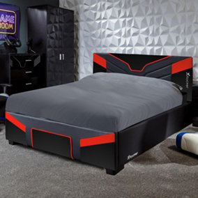 X-Rocker Cerberus Ottoman Gaming Bed, 4ft6 Double Upholstered Bedstead with Storage Red Black  -  135x190cm Mattress Included